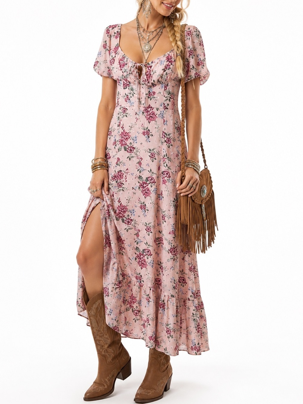 Pink Floral Puff Sleeve Tie Back Bohemian Midi Dress SZ LG NWTS!!